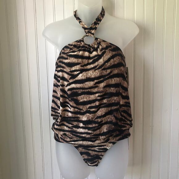 MICHAEL KORS Retail $158 Tiger Print Halter Tankini 2 Piece Bikini Size XSmall - Picture 1 of 6